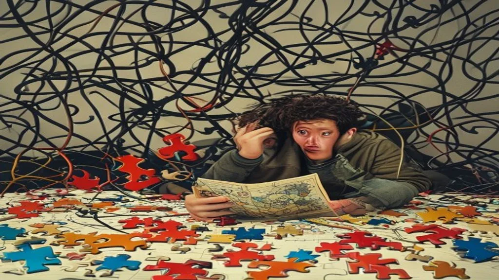 A chaotic scene with tangled wires, a confused person looking at a broken roadmap, and scattered
