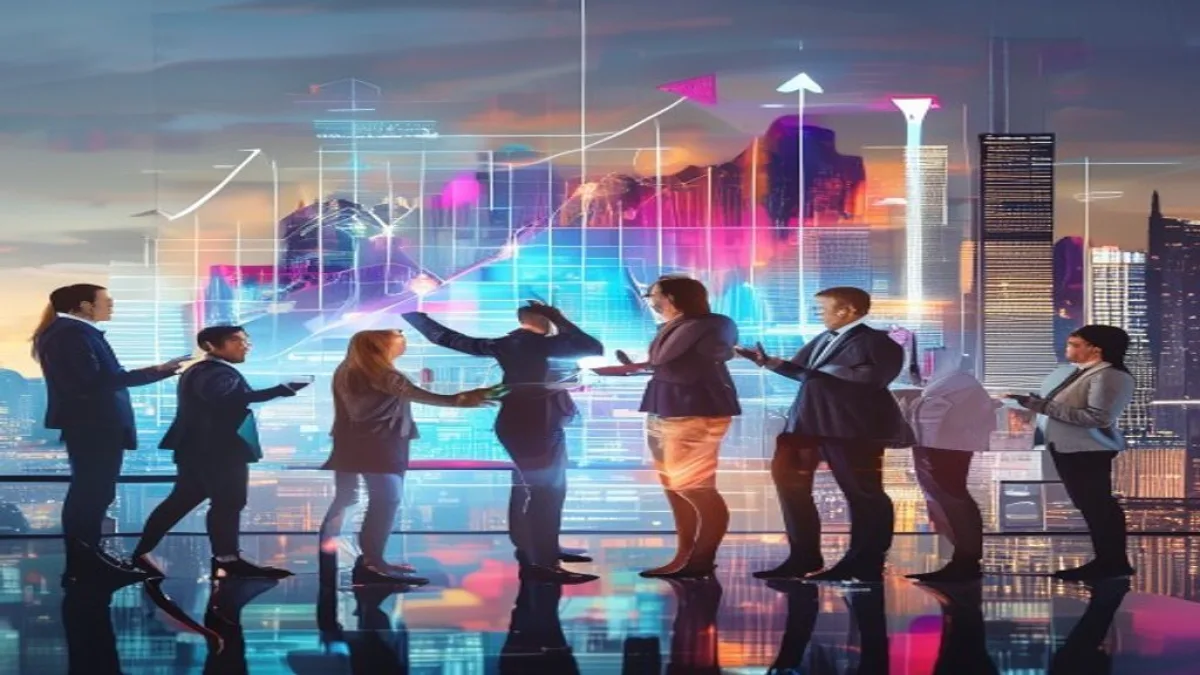 A vibrant and dynamic image symbolizing marketing strategy and business growth. It features a diverse group of professionals collaborating around a holographic projection of marketing data and charts, with elements like digital devices, upward-trending arrows, and a subtle city skyline in the background. No text or logos., featured image, 16:9, professional editorial blog image, no visible text, no logo, no watermark
