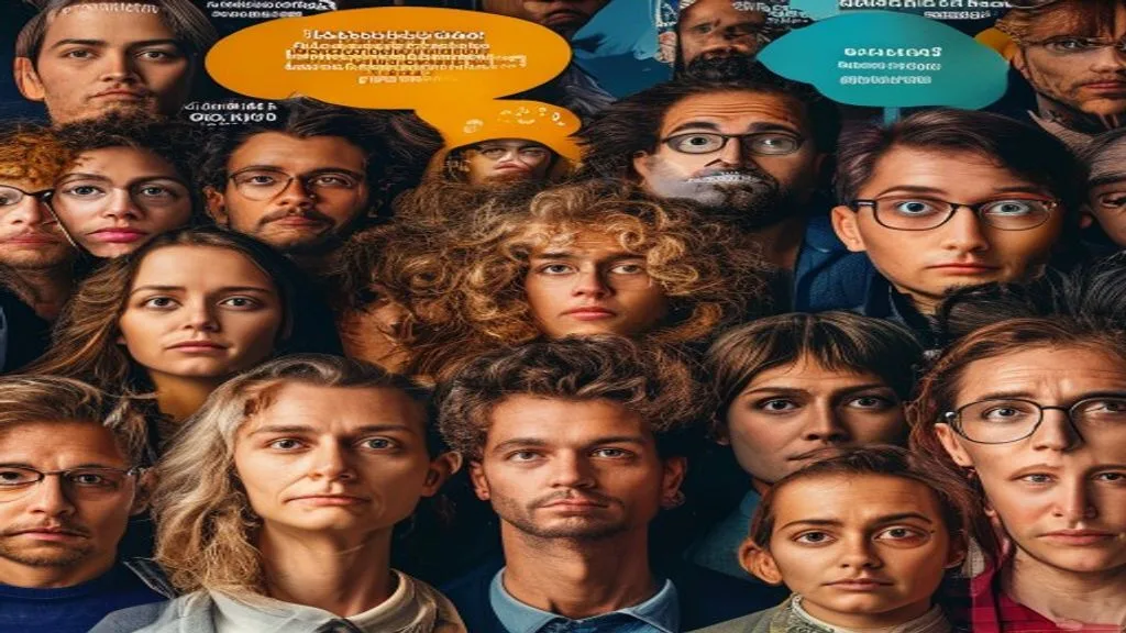A close-up shot of a diverse group of people's faces, representing different demographics, with thought bubbles