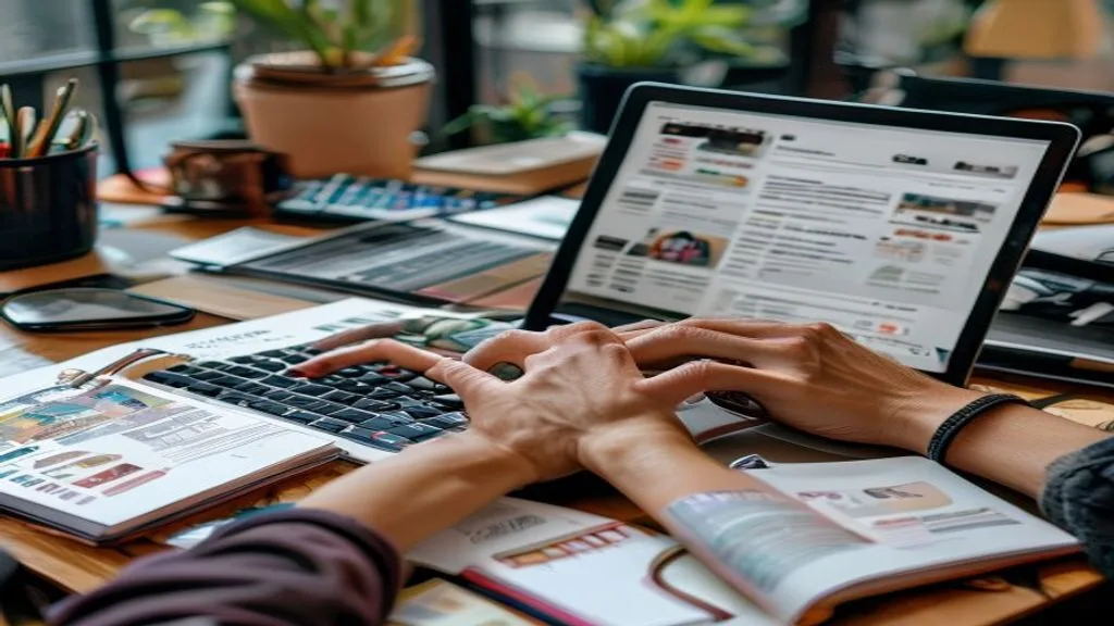 A person's hands typing on a laptop, surrounded by creative elements like sketchbooks, coffee, and a
