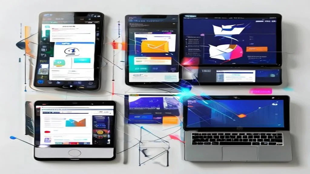 A collage of digital marketing channels: a smartphone displaying social media feeds, a tablet showing an