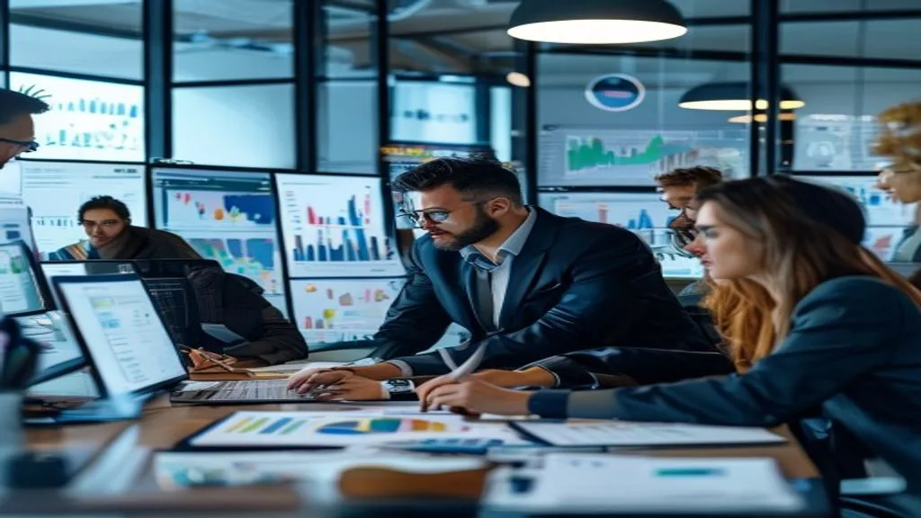 A diverse group of professionals analyzing charts and data on multiple screens, collaborating and discussing market