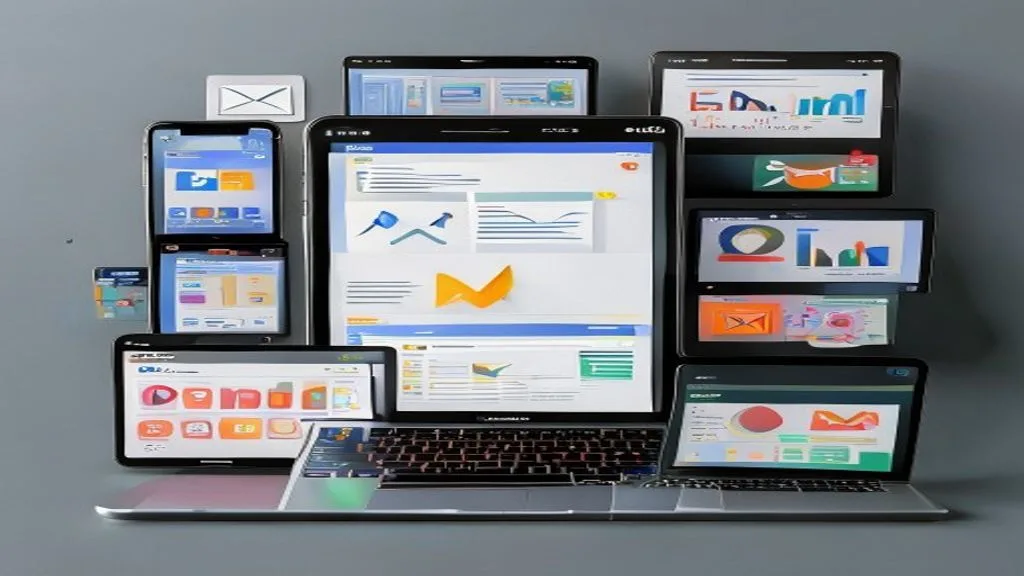 A creative collage representing various digital marketing channels: a smartphone displaying social media, a laptop with