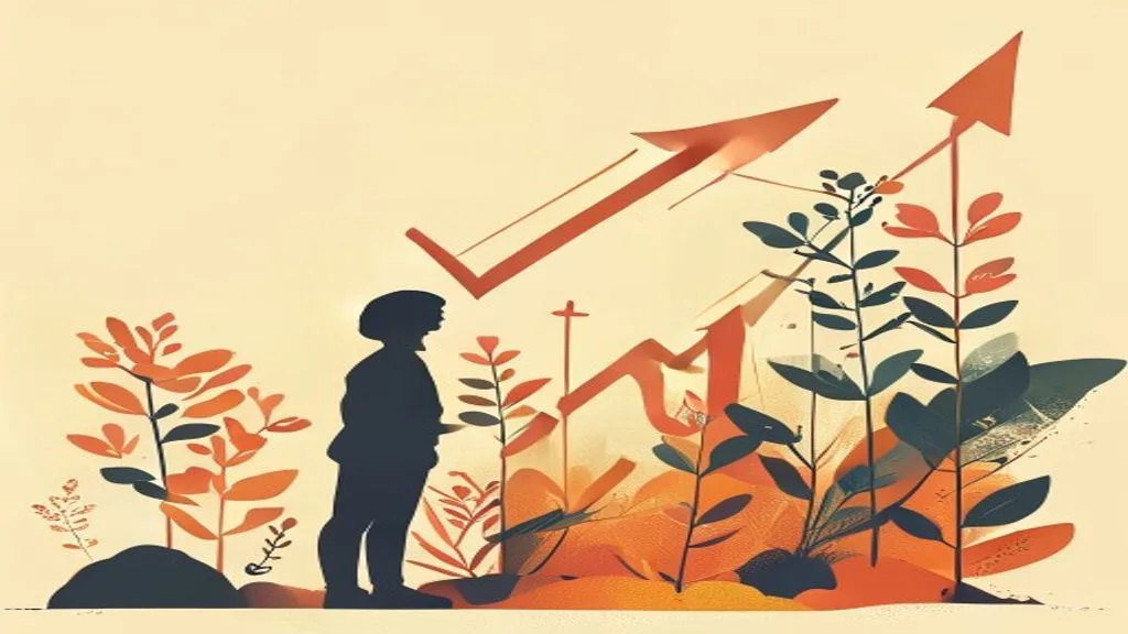 An abstract illustration depicting growth and success, with upward-trending arrows, blooming plants, and a satisfied customer