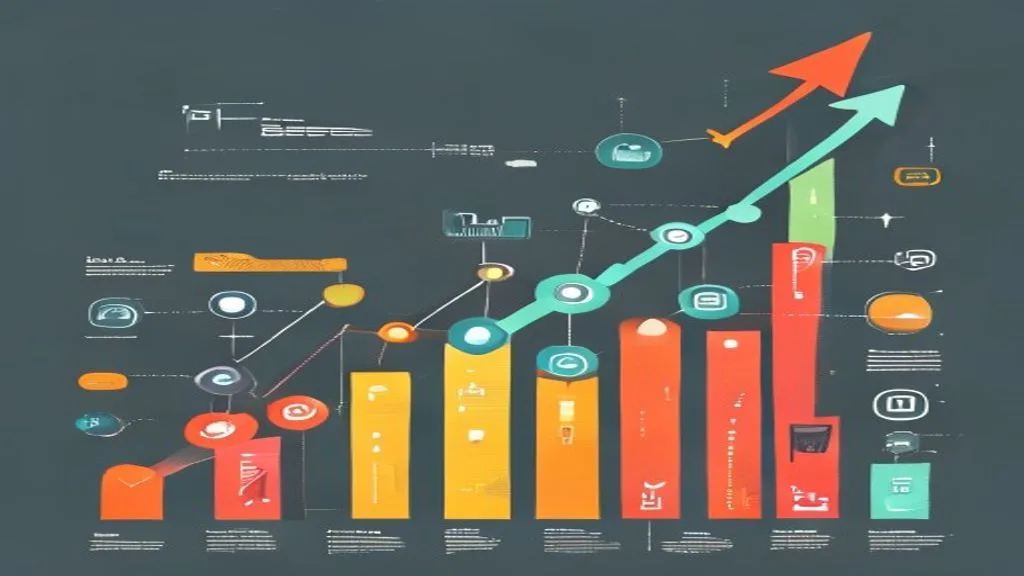 A stylized infographic showing the growth of a business with upward-trending arrows and various marketing channels