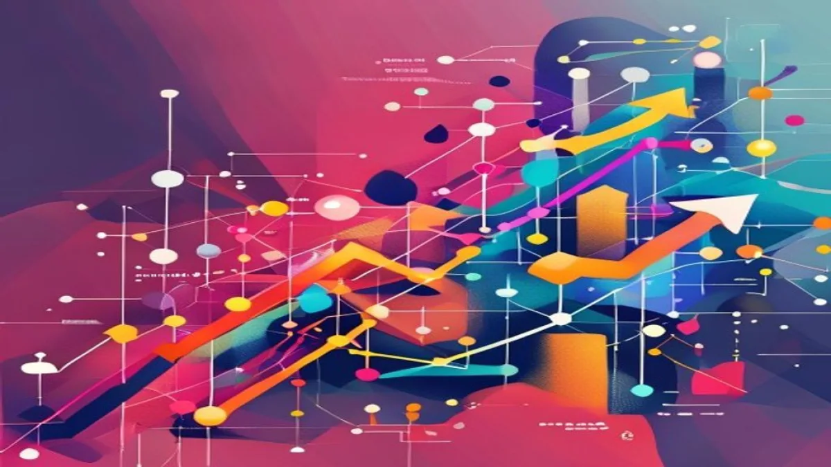 A vibrant and modern abstract illustration representing marketing strategy, with interconnected nodes, data points, and upward trending arrows. Include elements symbolizing digital marketing, customer engagement, and business growth. No visible text or logos., featured image, 16:9, professional editorial blog image, no visible text, no logo, no watermark