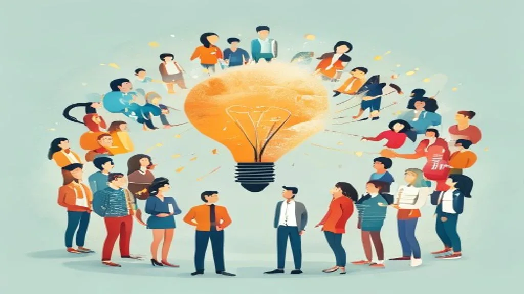An abstract illustration depicting a diverse group of people (target audience) surrounding a central thought bubble