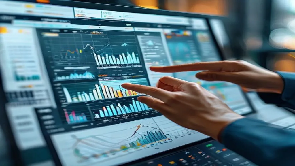 A digital dashboard displaying various marketing analytics: charts, graphs, and data visualizations. A hand points to
