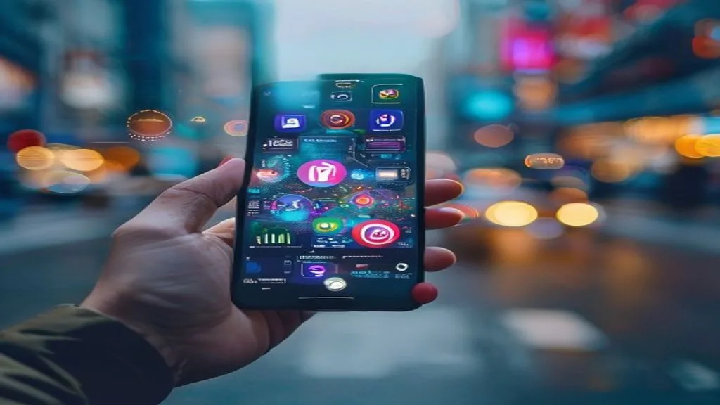 Close-up of a hand holding a smartphone displaying various social media app icons and analytics graphs,