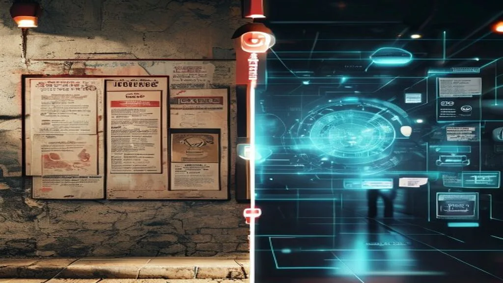 A split image: one side shows a traditional marketing approach with outdated posters and flyers, the