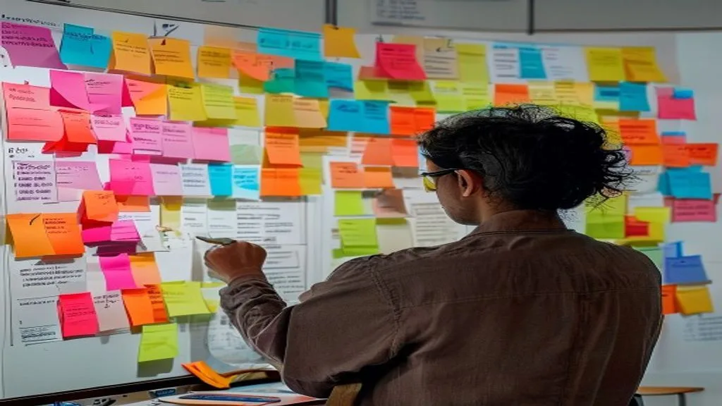 A person meticulously organizing colorful sticky notes on a large whiteboard, representing different marketing channels and