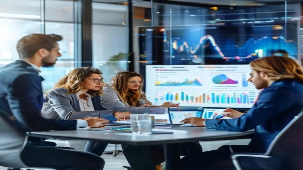 A diverse group of business professionals, both men and women, collaborating around a modern table, looking at data visualizations on a large screen, representing effective marketing strategy and planning. The scene is bright and dynamic, with subtle digital elements suggesting technology and analytics. No text, no logos.