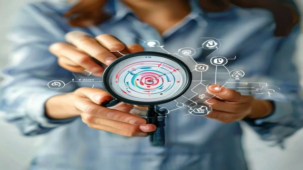 A person holding a magnifying glass over a diagram of a target audience, with various demographic