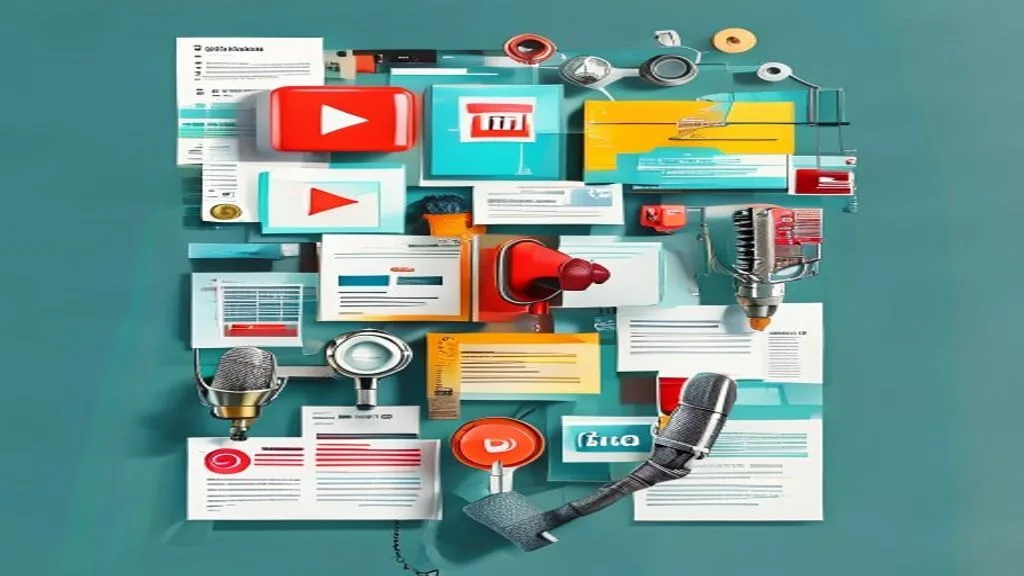 A creative collage of different content types: a blog post snippet, a video play button icon,