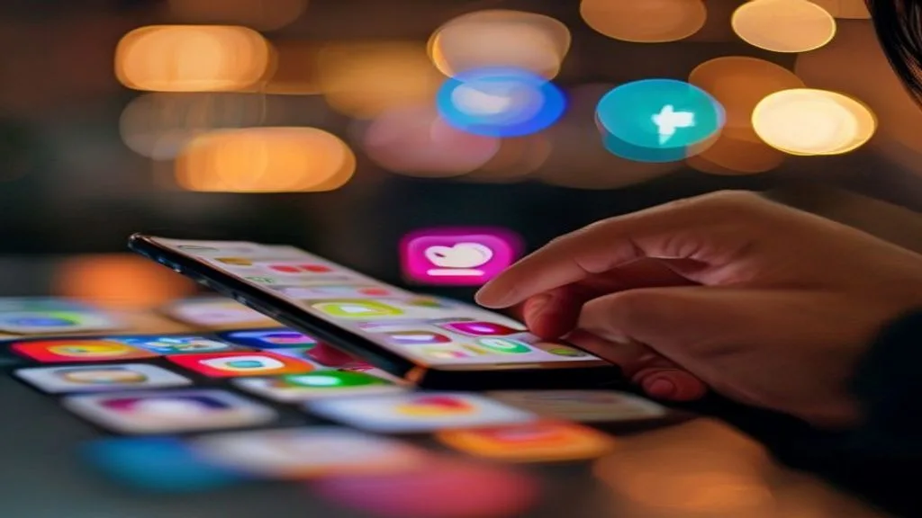 A person's hand interacting with a social media feed on a smartphone, with various app icons