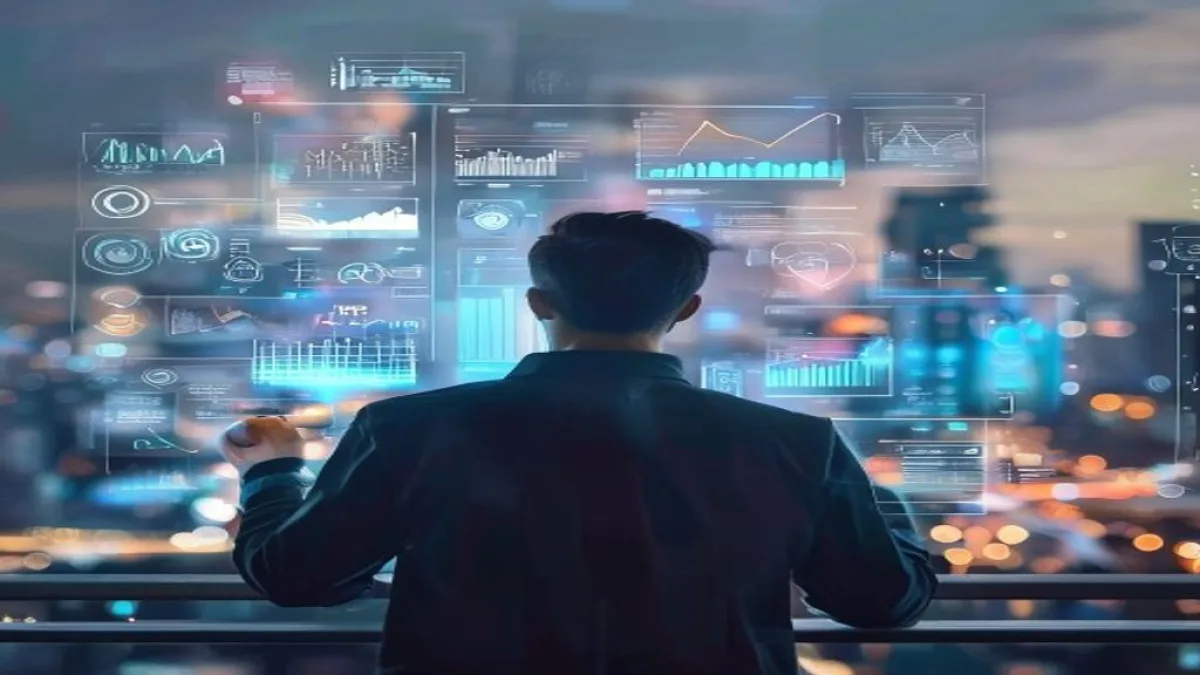 A person looking at a holographic screen displaying various marketing metrics and strategies, with a modern city backdrop. The image should convey innovation and data analysis in marketing. No text, no logos.