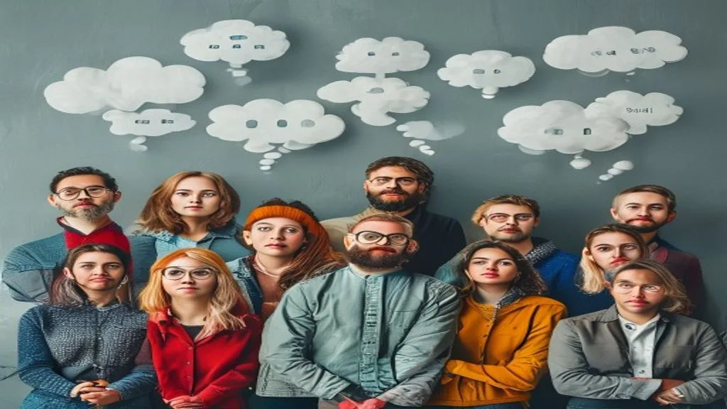 A diverse group of people representing a target audience, with thought bubbles above their heads showing