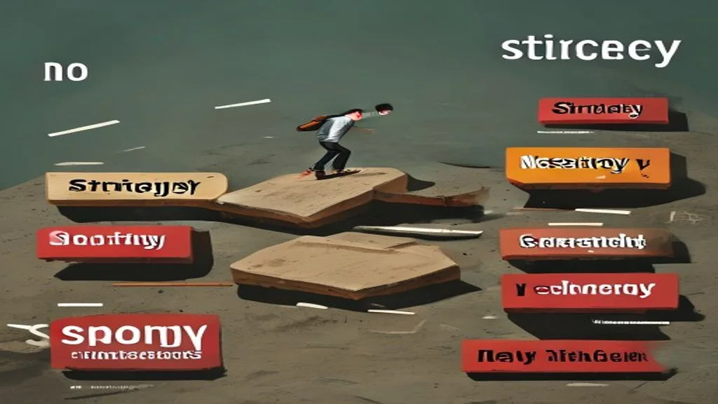 A person avoiding stepping on various pitfalls or obstacles labeled with common marketing mistakes like 'no