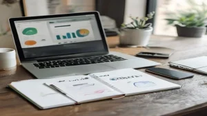 A modern, clean office desk with a laptop displaying marketing analytics charts, a notebook with handwritten marketing strategy notes, a smartphone showing social media icons, and a cup of coffee. Soft, natural light. Minimalist design., featured image, 16:9, professional editorial blog image, no visible text, no logo, no watermark
