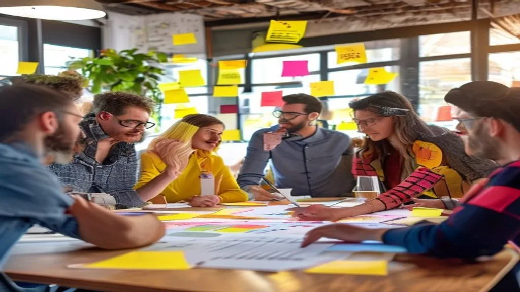 A diverse group of people collaborating around a table, brainstorming marketing ideas, with sticky notes and