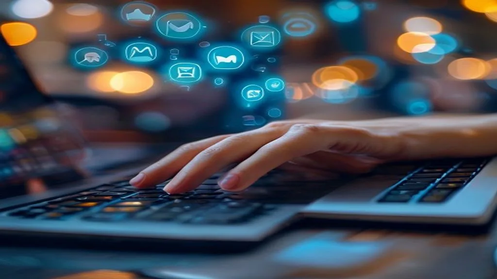 Close-up of a hand typing on a laptop keyboard, with a blurred background of digital marketing