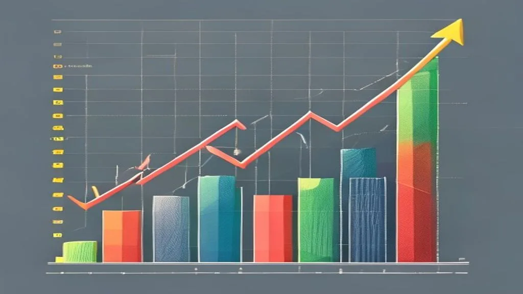 Infographic style illustration showing upward trending graphs and data points, representing marketing growth and success. Clean,