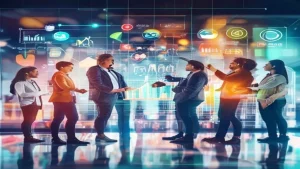 A dynamic and modern marketing concept image. A diverse group of professionals collaborating around a large holographic display showing various marketing analytics, social media icons, and a growth chart. Focus on bright, optimistic colors, representing innovation and teamwork. No visible text or logos., featured image, 16:9, professional editorial blog image, no visible text, no logo, no watermark