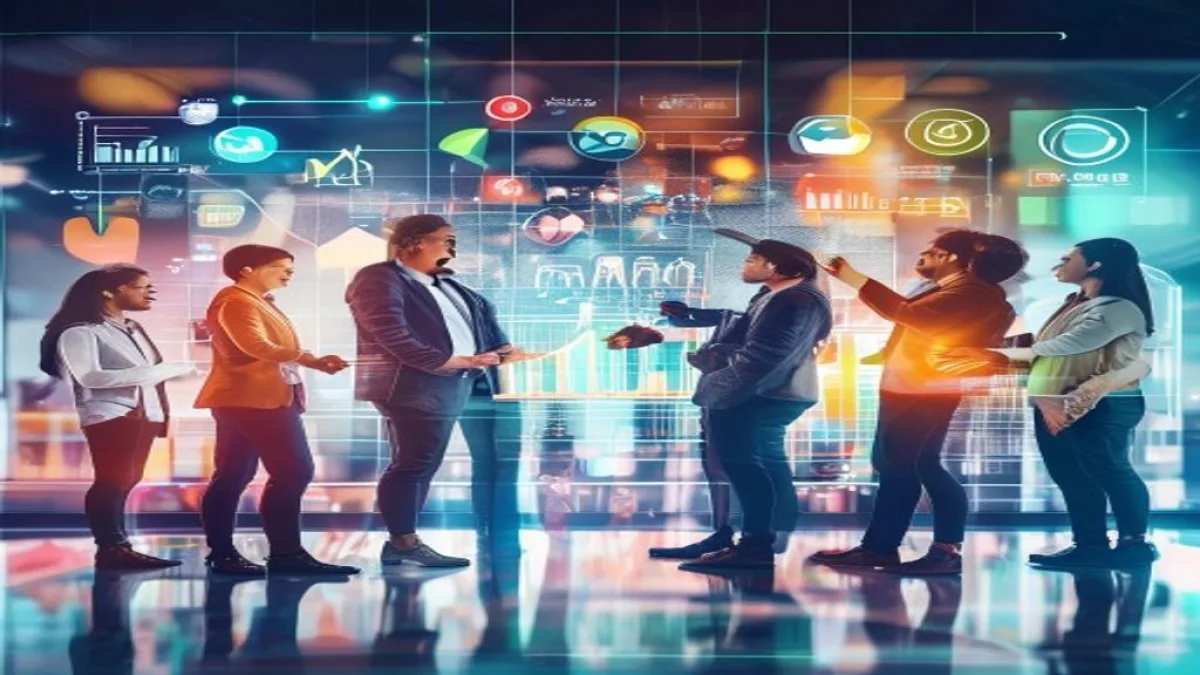 A dynamic and modern marketing concept image. A diverse group of professionals collaborating around a large holographic display showing various marketing analytics, social media icons, and a growth chart. Focus on bright, optimistic colors, representing innovation and teamwork. No visible text or logos., featured image, 16:9, professional editorial blog image, no visible text, no logo, no watermark