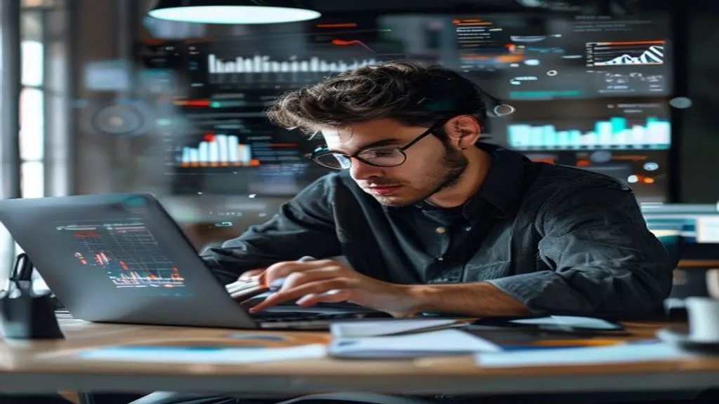 A person sitting at a desk, deeply focused on a laptop screen, with various charts and