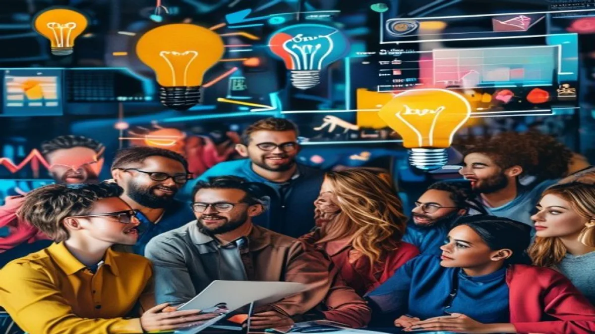 A vibrant and dynamic image representing modern marketing, with elements like a diverse group of people collaborating, digital screens showing analytics and social media, a lightbulb symbolizing ideas, and subtle arrows indicating growth and strategy. No text or logos., featured image, 16:9, professional editorial blog image, no visible text, no logo, no watermark