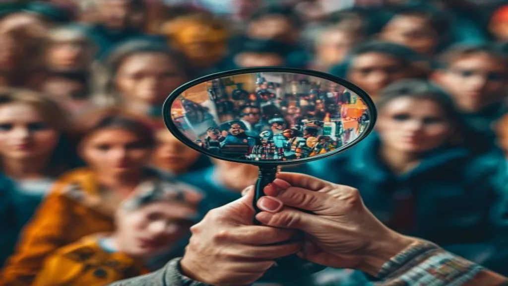 A person holding a magnifying glass over a diverse crowd, symbolizing market research and understanding the