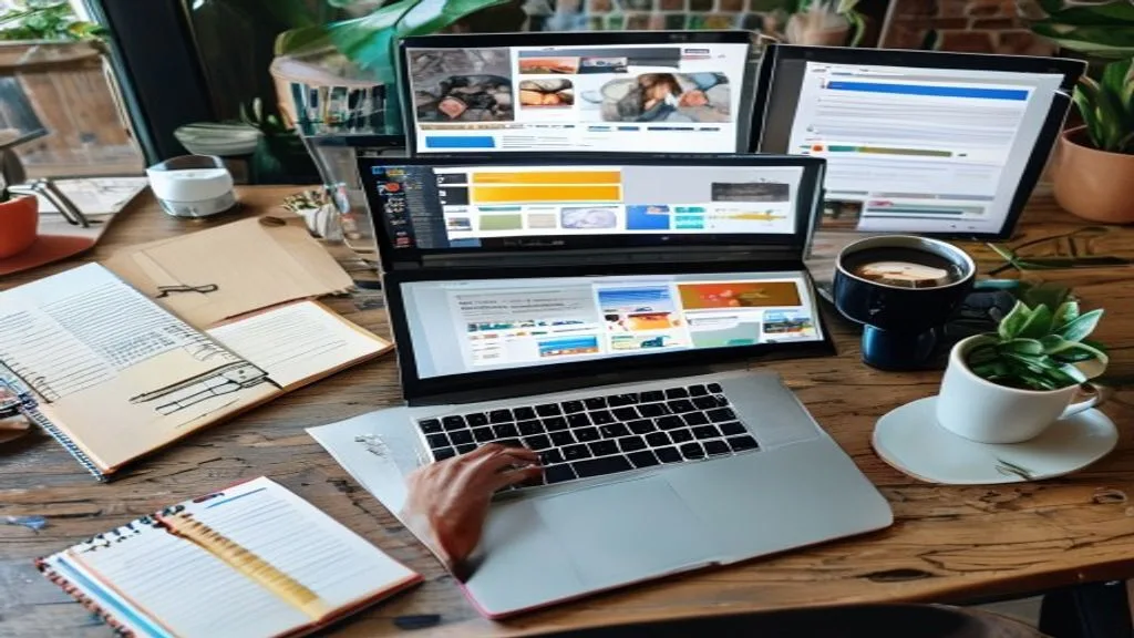 A creative workspace with a laptop displaying various content formats (blog post, video icon, social media
