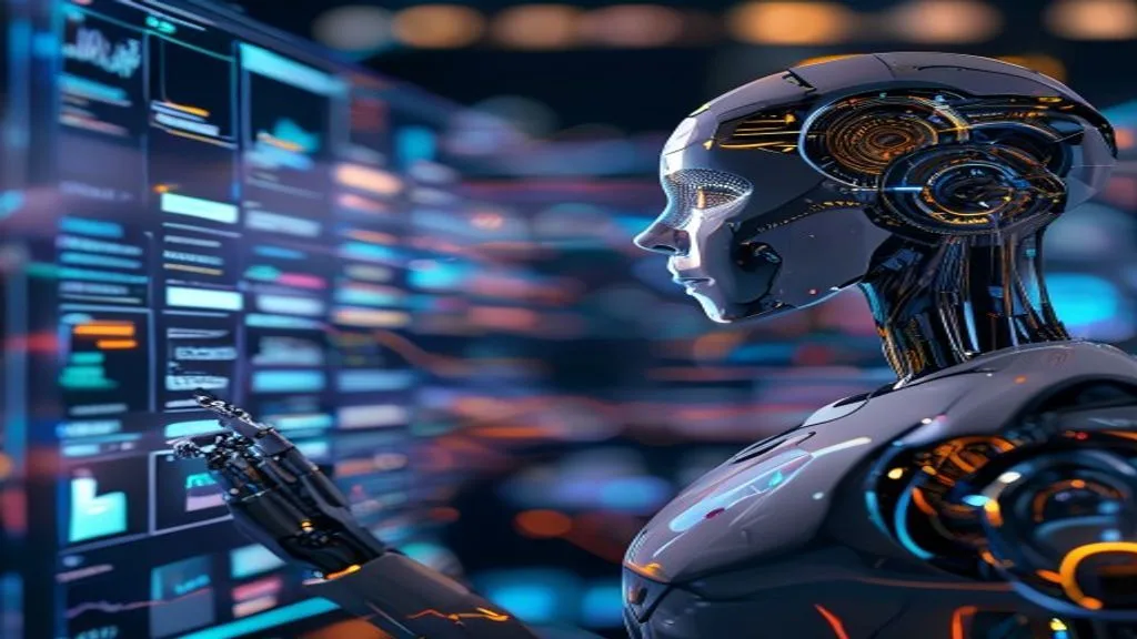 Conceptual image of artificial intelligence in marketing, showing a robot interacting with data analytics and personalized