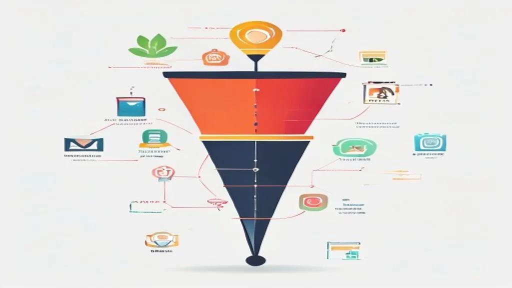 A creative infographic showing the funnel of digital marketing strategies, clear icons, minimalist design., editorial blog