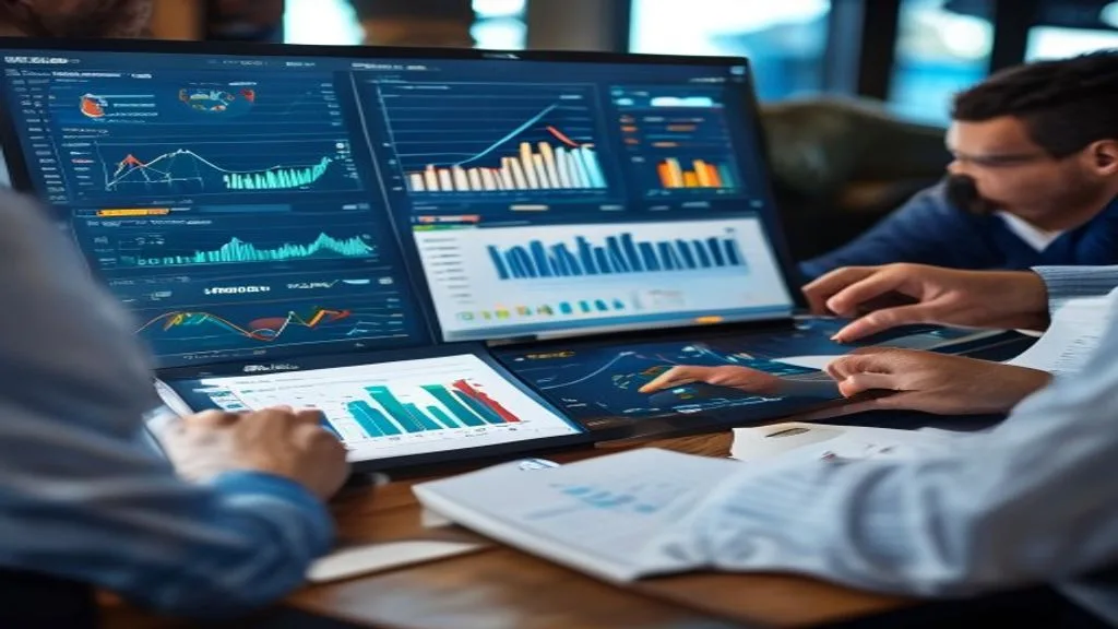 A team of marketers collaborating around a digital dashboard showing analytics and growth charts., editorial blog