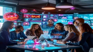 A vibrant and modern digital marketing concept. A diverse group of professionals collaborating around a large holographic screen displaying data analytics, social media icons, and content creation tools. Focus on innovation and teamwork. No visible text, no logos.