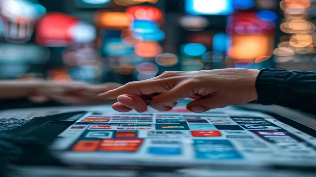 A person's hand pointing at different digital marketing channels displayed on a tablet screen, contrasting with