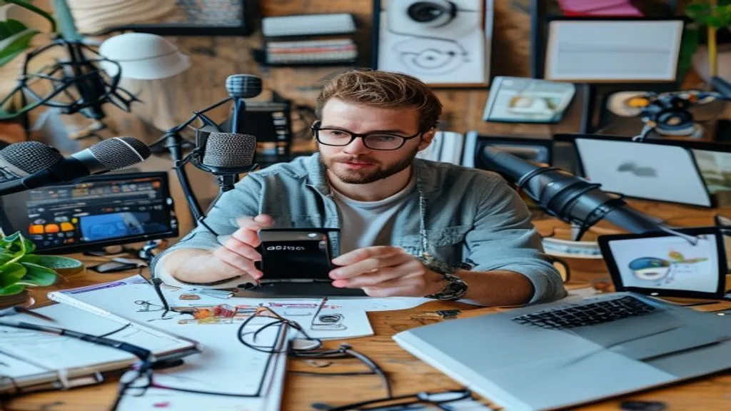 A creative content creator filming a short video with a smartphone, surrounded by various props representing
