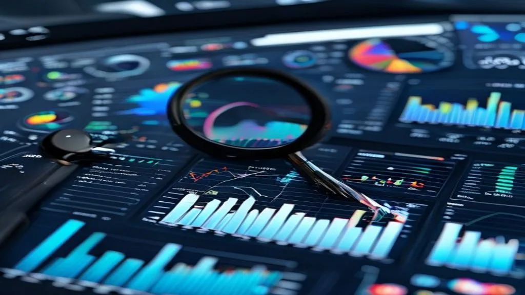 A dashboard displaying various marketing analytics charts and graphs, with a magnifying glass hovering over a