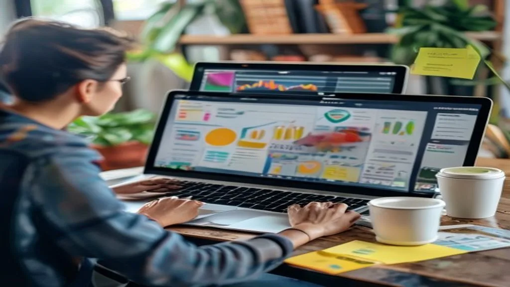 A person sitting at a desk, looking thoughtfully at a laptop screen displaying various marketing analytics