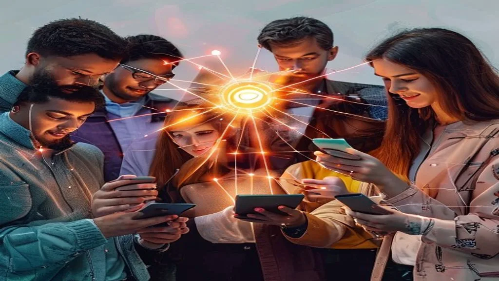 A group of diverse individuals (representing a target audience) interacting with digital devices like smartphones and