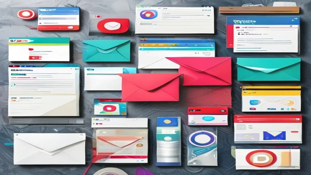 A creative collage of digital marketing elements: a social media feed, an email inbox with an