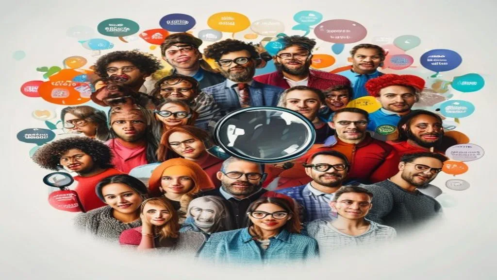 A diverse group of people representing a target audience, with thought bubbles indicating various interests and
