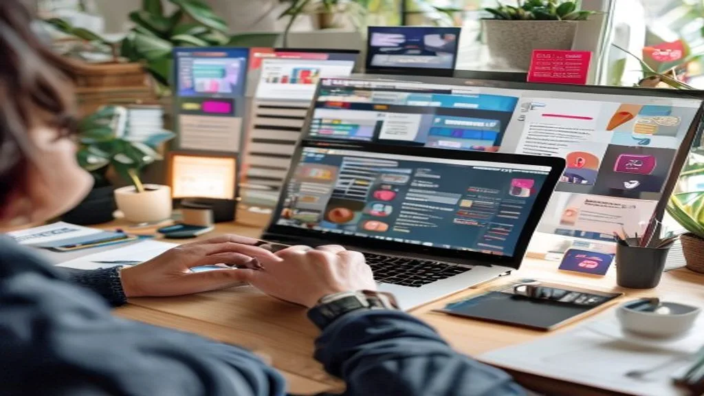 A creative workspace with a person writing or designing content on a laptop, surrounded by various