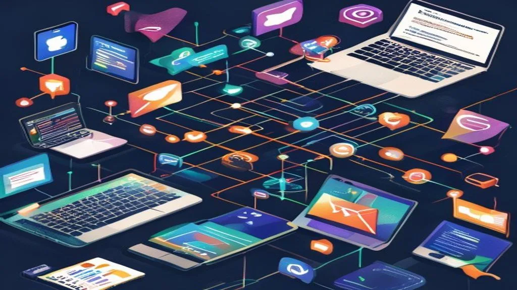 A stylized depiction of various digital marketing channels converging: a smartphone with social media feeds, a