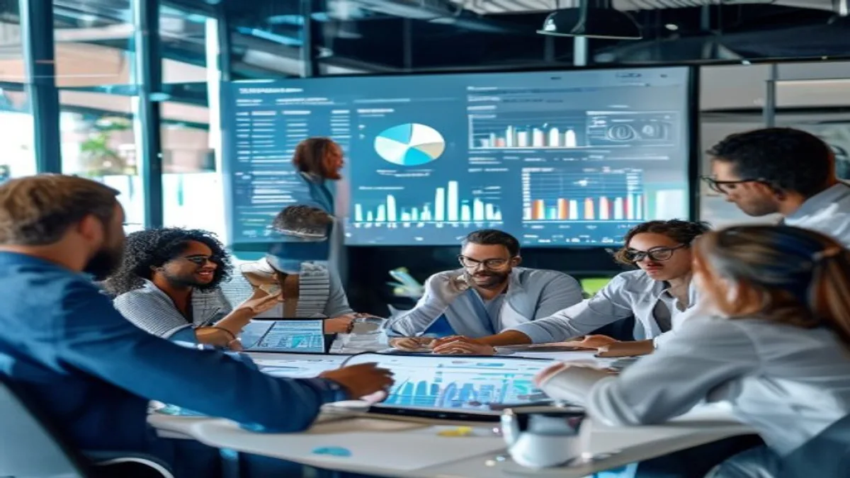 A diverse group of professionals collaborating around a large table, looking at a digital marketing dashboard on a screen, with infographics and charts depicting business growth and strategy. The scene should convey innovation and teamwork., featured image, 16:9, professional editorial blog image, no visible text, no logo, no watermark