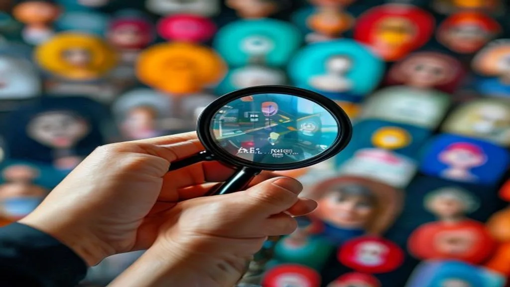 A person's hand holding a magnifying glass over a diverse group of stylized customer personas on