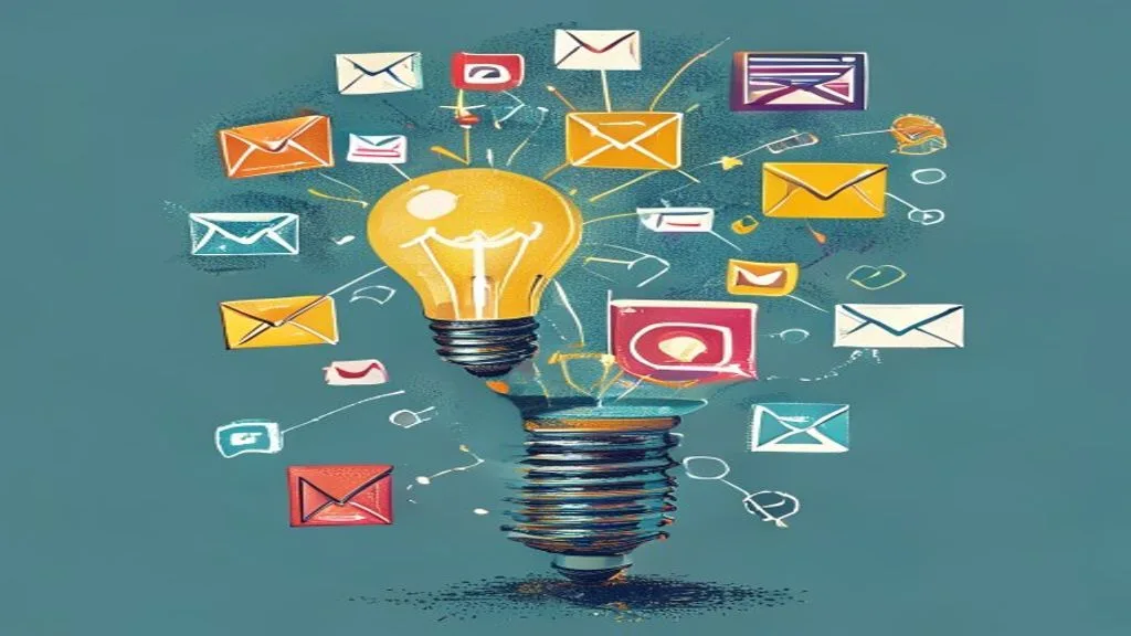 A creative illustration of various digital marketing channels (social media icons, email envelope, search bar, website