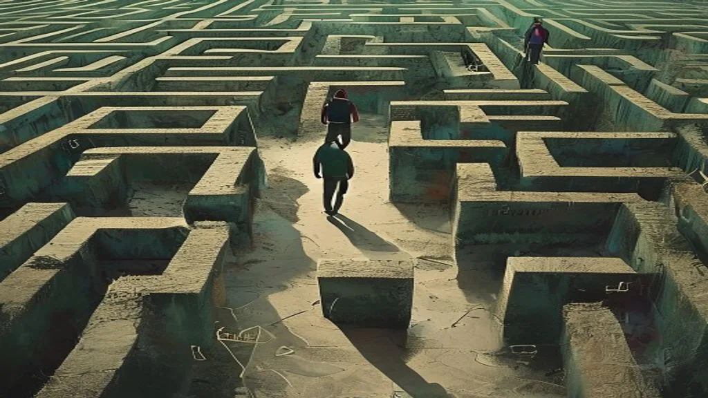 A person walking through a maze with clear paths and signs, avoiding pitfalls and dead ends,