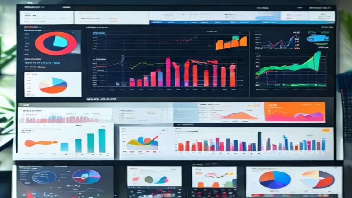 A vibrant, modern marketing dashboard displaying data analytics, social media icons, and business growth charts. No visible text, no logos, no watermarks.